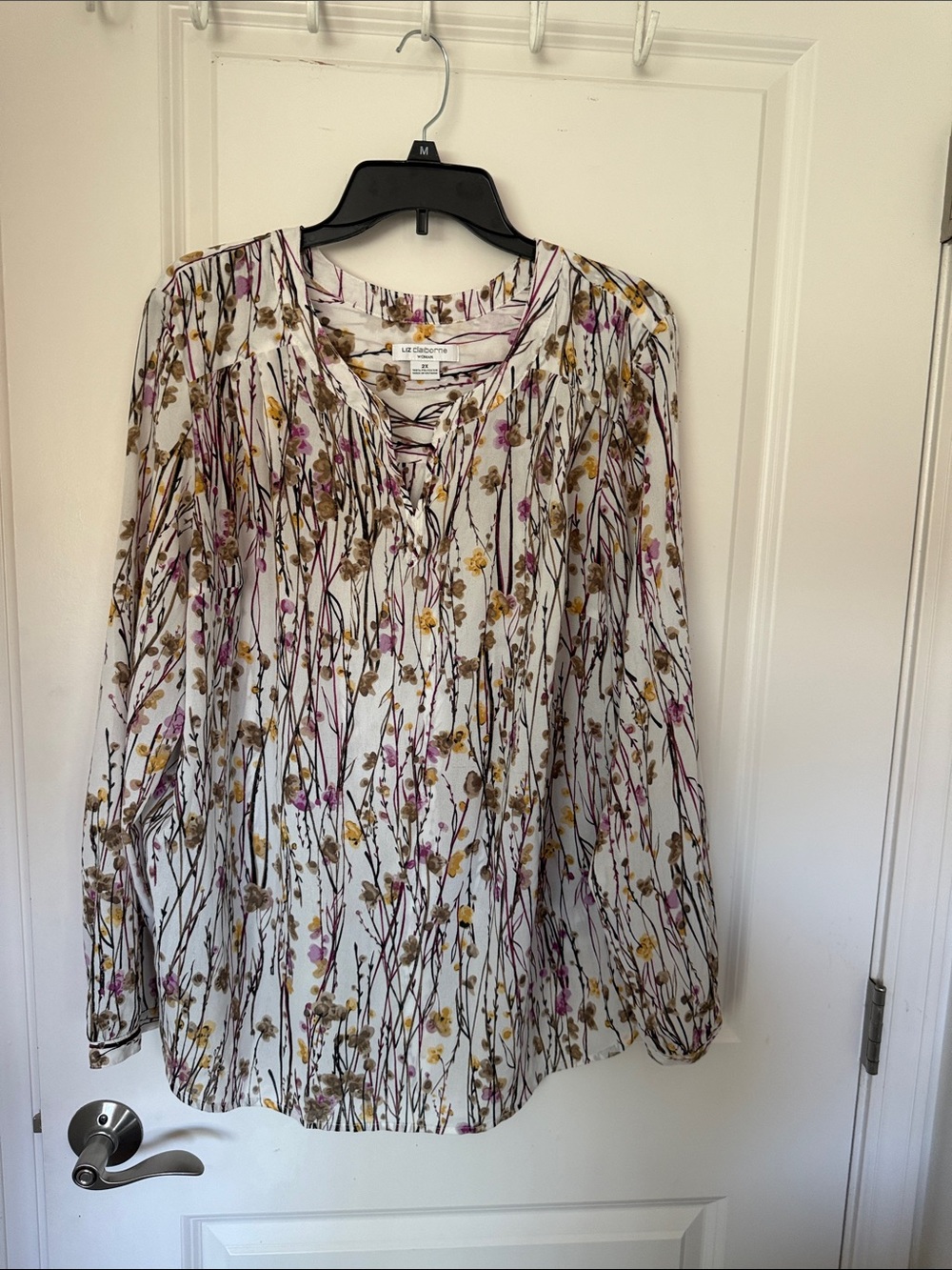 Liz Claiborne White Floral Lace-Up Peasant Blouse with Pink & Yellow Accents